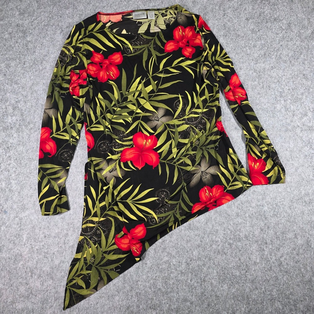 Chico's Blouse Tropical Floral Tunic Top Black Red Asymmetrical Lagenlook‎ Large